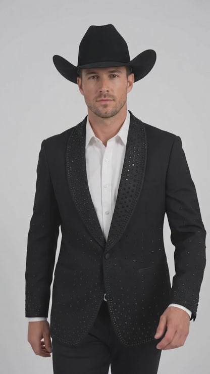 Men’s Black Western Blazer – Cowboy Tuxedo Jacket with Studded Shawl Collar with Glitter Lapel Rhinestone Lapel