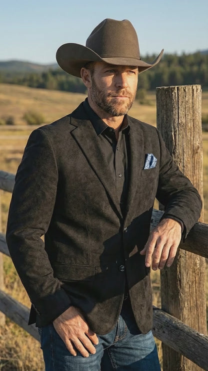 Men’s Black Suede Cowboy Blazer with Elbow Patch Sleeves – Black Western Style Suede Sport Coat for Casual and Smart Casual Wear