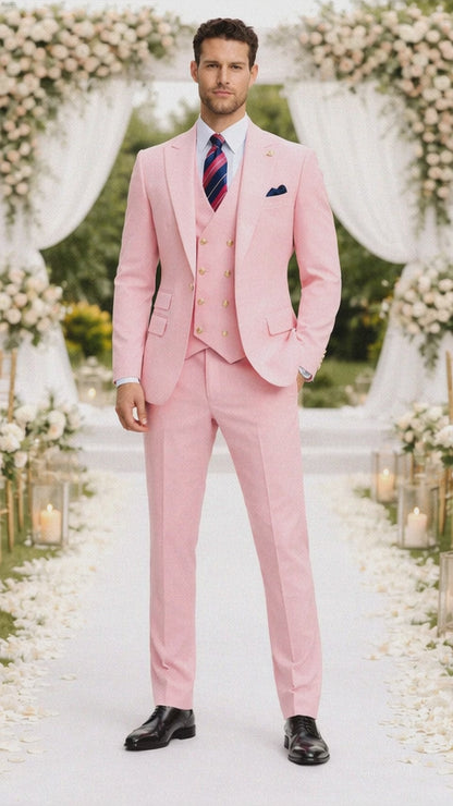 Rossiman Brand Pink Suits - 1 Button Suit Peak Lapel Double Breasted Vest