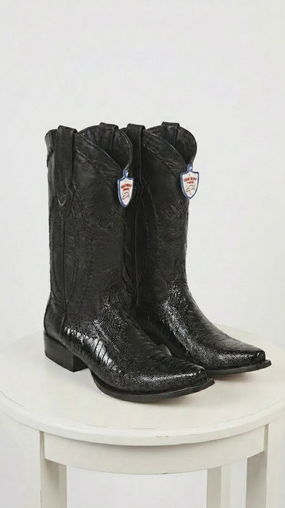 Men’s Black Ostrich Leg Cowboy Boots with Snip Toe, Western Dress Boots