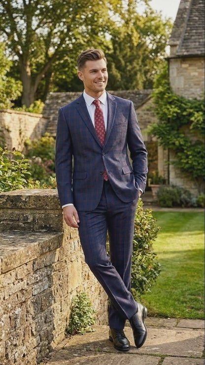 Men’s Navy Blue and Burgundy Checkered Two-Piece Suit Plaid Windowpane – Flat Front Pants or Pleated Wide Leg Pants - 100% Wool