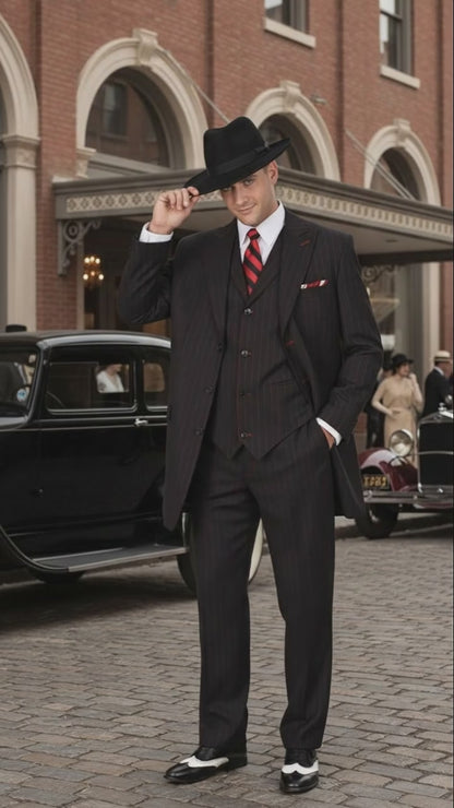 Mens Black and Red Pinstripe Zoot Suit – 1920s Gangster Vintage 3-Piece Suit for Formal, Prom, and Themed Events