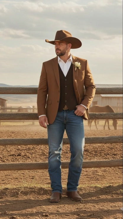 Mens Rust Copper Brown Western Blazer – Cowboy Style Classic Tailored Jacket for Weddings, Rodeos and Country Events