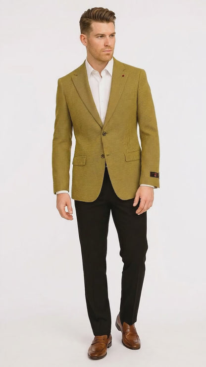 Men’s Mustard Gold Yellow Houndstooth Blazer Jacket, Check Pattern Formal Sport Coat for Weddings, Prom, Business 2 Buttons Modern Fit