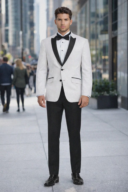 Mens 2 Buttton Slim Contrast Peak Lapel Side Vents Tuxedo in White