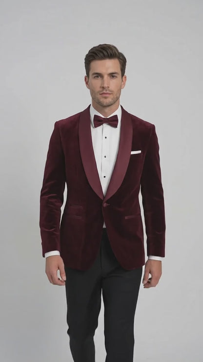 Men’s Burgundy with Burgundy Lapel Velvet Dinner Jacket – Shawl Lapel Tuxedo Blazer for Weddings & Formal Events