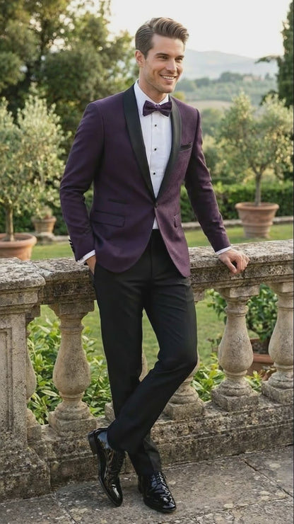 Men’s Eggplant Plum Purple Tuxedo Blazer with Satin Lapel, White Tuxedo Shirt and Matching Purple Bow Tie - Slim Fitted - Prom wedding Suit With Pants