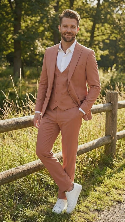 Men’s Peach Light Brown 3 Piece Suit – Wedding & Prom Formal Suit Set, Blazer Pants Double breasted vest