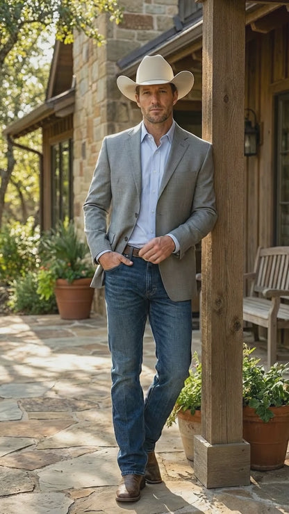 Mens Grey Western Three Button Blazer – Classic Cowboy Style Formal Jacket Business Casual Sport Coat