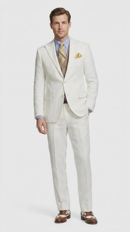 Men’s Ivory Great Gatsby Vested Suit with Brown Vest, Peak Lapel Vintage Wedding Suit