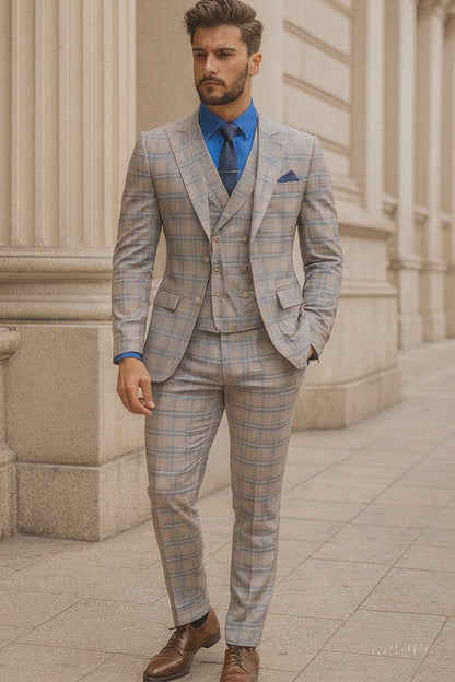 Men’s Light Plaid 3-Piece Suit with Vest – Stylish Formal Wear