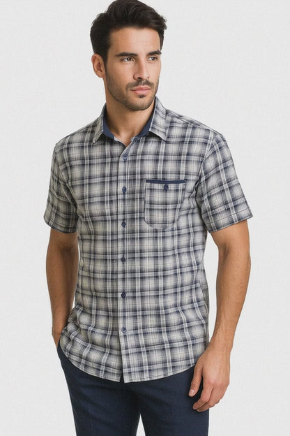 Mens Textured Plaid Walking Suit in Navy/white by Dreams by Zacchi – 2 Piece Leisure Outfit-matching-shirt-and-pants-$99