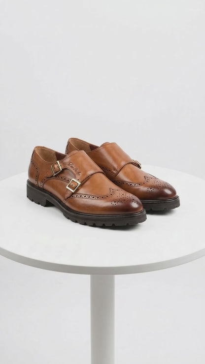 Lombardy Men’s Calfskin Wingtip Double Monk Strap Dress Shoes – Lug Sole