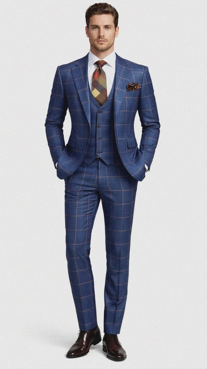 Rossiman Men’s Navy & Gray Plaid Suit – Classic Windowpane Double-Breasted Design