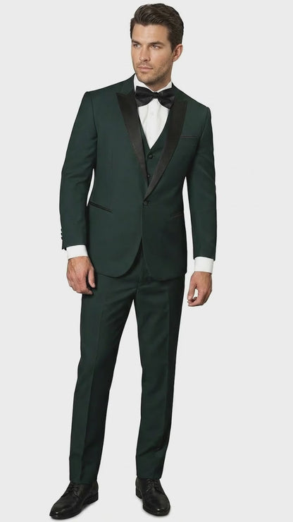 Men’s Hunter Green Tuxedo Suit 3 Piece – One Button Peak Lapel Designer Formal Suit for Wedding,  Light Weight Wool By Statement Dark Green