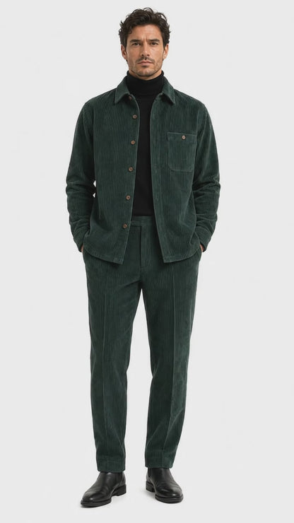 Mens Corduroy Shirt and Pants Walking Suit in Winter Cotton Fabric Casual in Color Green leisure Style
