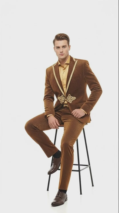 Mens Bronze Shiny Velvet Suit – Designer Party and Wedding Wear Blazer and Pant Set Brown and Gold Tuxedo