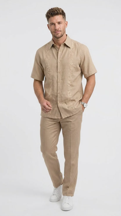 Men’s Sand Beige Embroidered 2 Piece Walking Suit with Short Sleeve Shirt and Matching Pants