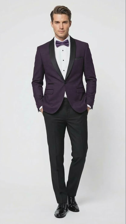 Men’s Eggplant Plum Purple Tuxedo Blazer with Satin Lapel, White Tuxedo Shirt and Matching Purple Bow Tie - Slim Fitted - Prom wedding Suit With Pants