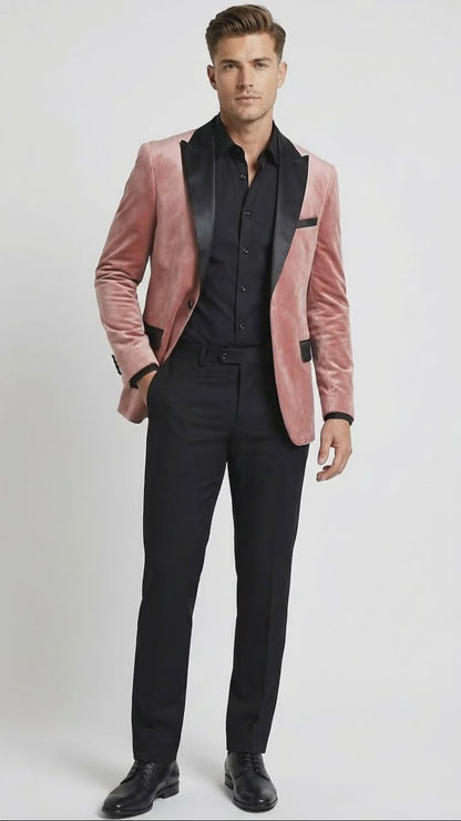 Men’s Dusty Rose Pink Velvet Blazer with Black Satin Lapel | Formal Sport Coat in Mauve Color + Bowtie