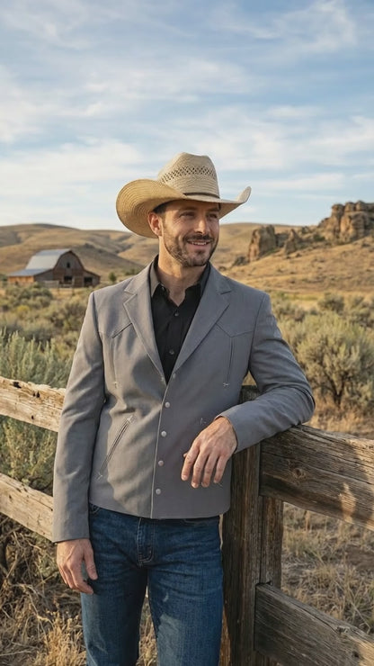 Mens Gray Western Blazer Set – Cowboy Style Jacket and Pants Outfit Classic Country Western Suit