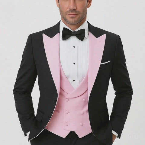 Black And Pink suit - Tuxedo Looking With Double Breasted Vest Peak Lapel 100% Wool