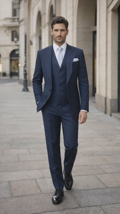 Suits With Baggy Pleated Pants - Wide Leg Pants 100% Wool - Classic Fit in Navy Single Breast Lapel by Rossiman