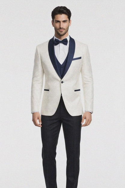 Designer White Metallic Flake Tuxedo with Navy Trim – 3-Piece Suit