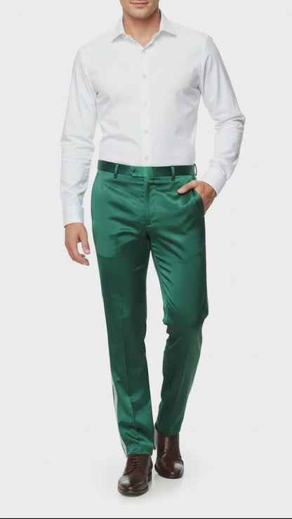 Mens Emerald Green Satin Slim Fit Dress Pants – Shiny Formal Party and Wedding Trousers