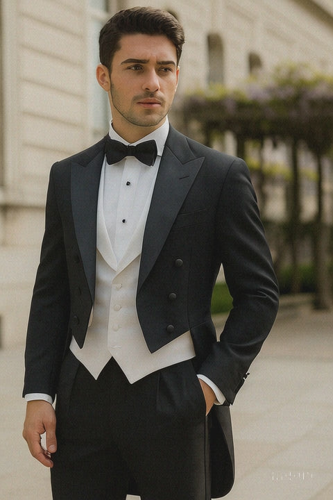 Mens Classic Black Tail Tuxedo with White Vest