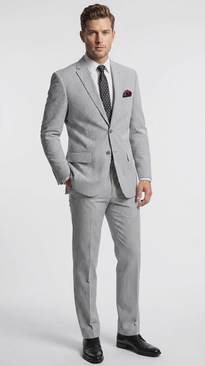 Men’s Black Pinstripe Summer Seersucker 2 Piece Suit with Jacket and Pants