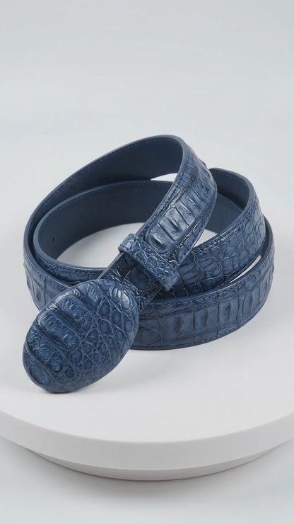 Men’s Navy Blue Caiman Crocodile Western Belt – Exotic Cowboy Belt with Matching Buckle Detail
