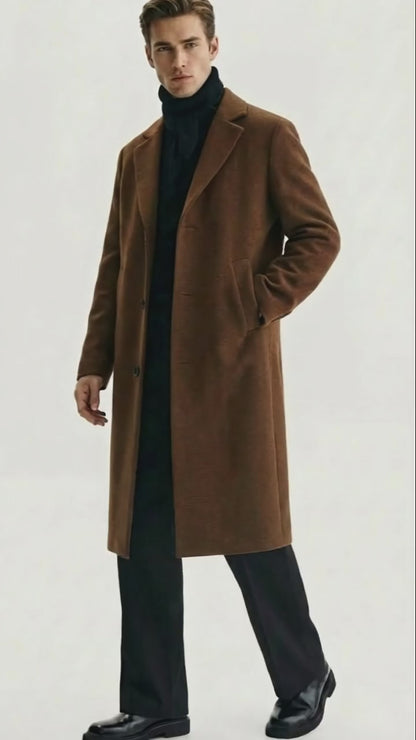 Men’s Brown Long Wool Overcoat – Topcoat Wool Carcoat Three Quarter