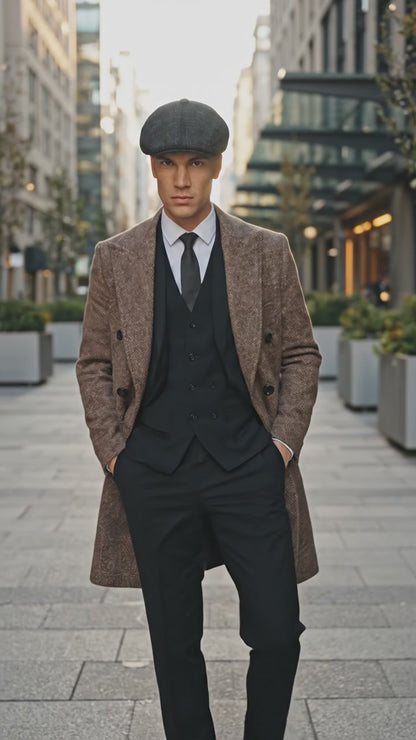Mens Peaky Blinders Gray Plaid Double Breasted Overcoat + Suit  Peaky Blinders Vintage Wool Blend Coat 1920's