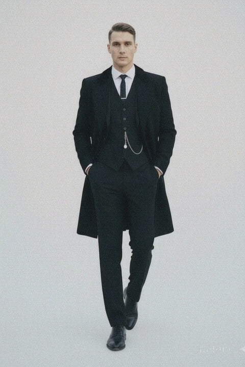 Mens Costume Thomas Shelby Black Vested Suit & Black Overcoat