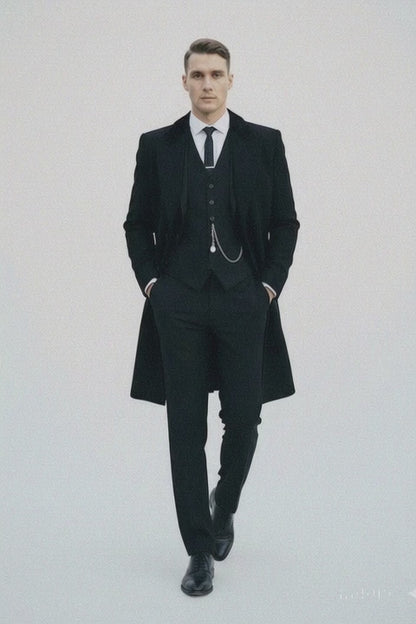 Mens Costume Thomas Shelby Black Vested Suit & Black Overcoat
