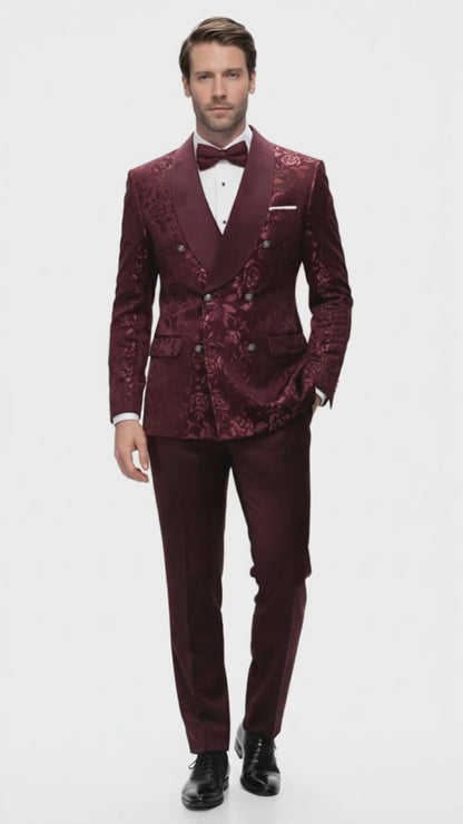 Men’s Burgundy Floral Jacquard Tuxedo Dinner Jacket – Paisley Velvet Lapel Formal Wear for Weddings and Prom