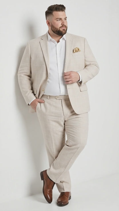 Men’s Big and Tall Beige Linen Suit – Summer Wedding and Formal 2-Piece Suit