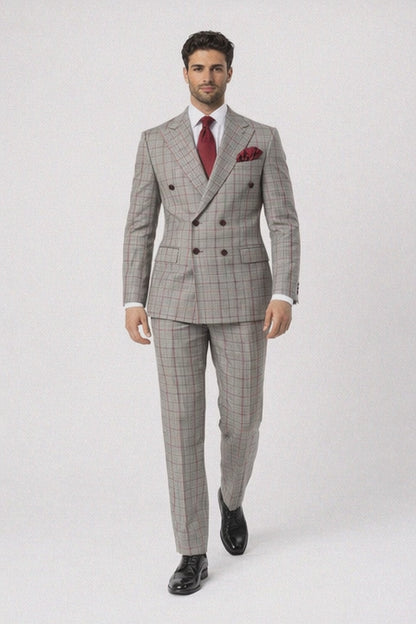 Suits With Baggy Pleated Pants - Wide Leg Pants 100% Wool - Classic Fit in Color Grey with Red Plaid by Rossiman