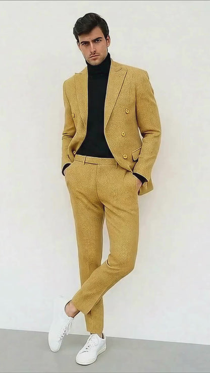 Men’s Gold Double Breasted Suit – Classic 1920s Camel Color Formal Slim Fit Suit