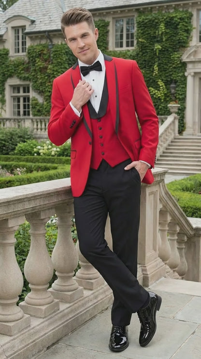 Mens Red and Black Tuxedo – Three Piece Formal Suit with Satin Shawl Lapel for Wedding and Prom