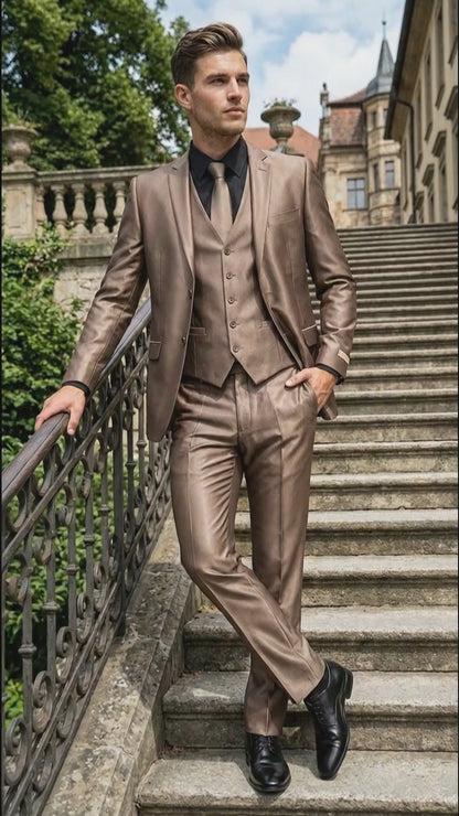 Men’s Bronze Brown Mocco 3 Piece Suit – Modern Formal Suit Set for Wedding, Prom and Business Events Light Brown Coffee Dark Tan