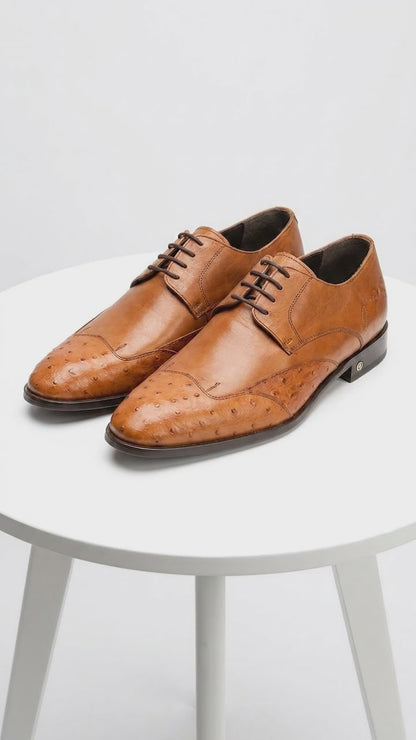 Men’s Cognac Vestigium Genuine Ostrich Derby Shoes, Handcrafted Full Leather Dress Shoes