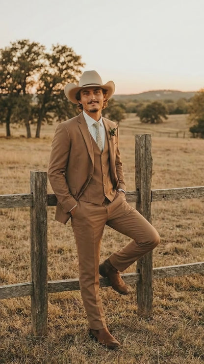 Mens Camel Brown Copper Western 3 Piece Suit – Classic Country Style Blazer Vest Pants Set, Formal Cowboy Suit Outfit
