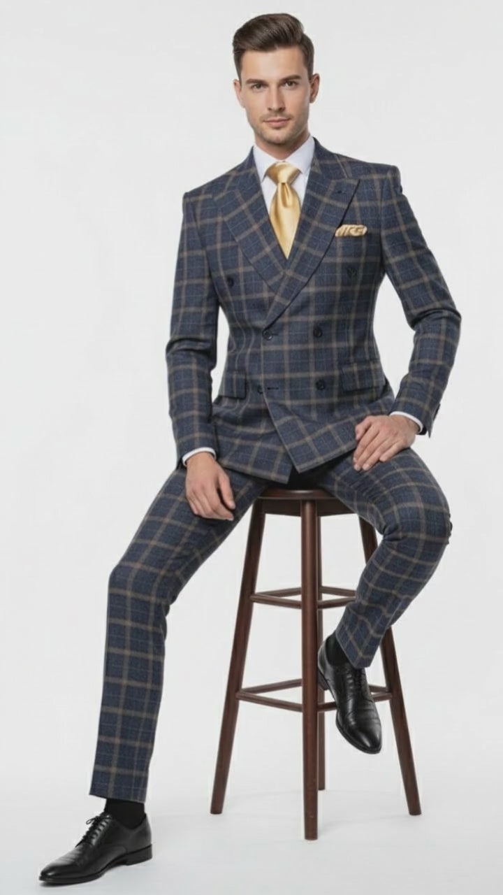 Men’s Navy and Tan Windowpane Double-Breasted Suit | Classic 2-Piece Plaid Dress Suit, Business, and Formal Events By Rossiman
