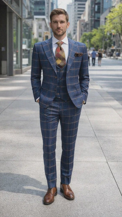 Rossiman Men’s Navy & Gray Plaid Suit – Classic Windowpane Double-Breasted Design