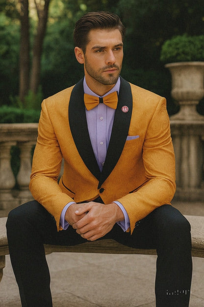 Men’s Gold Tuxedo Jacket with Black Shawl Lapel – Formal Wear