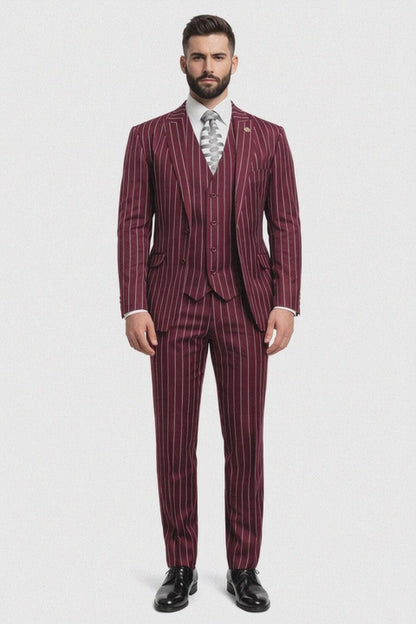 Mens 2 Button Gangster Pinstripe Suit in BLACK / GREY / NAVY / BURGUNDY