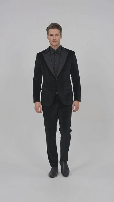 Men’s Black Velvet Tuxedo Suit – Peak Lapel Wedding, Prom and Formal Evening Velvet Pants