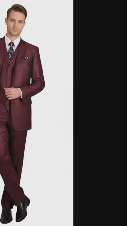 Men’s Burgundy 3-Piece Suit – Burgundy Three Buttons Vested Suit - Pleated Pants Classic Fit Athletic Cut